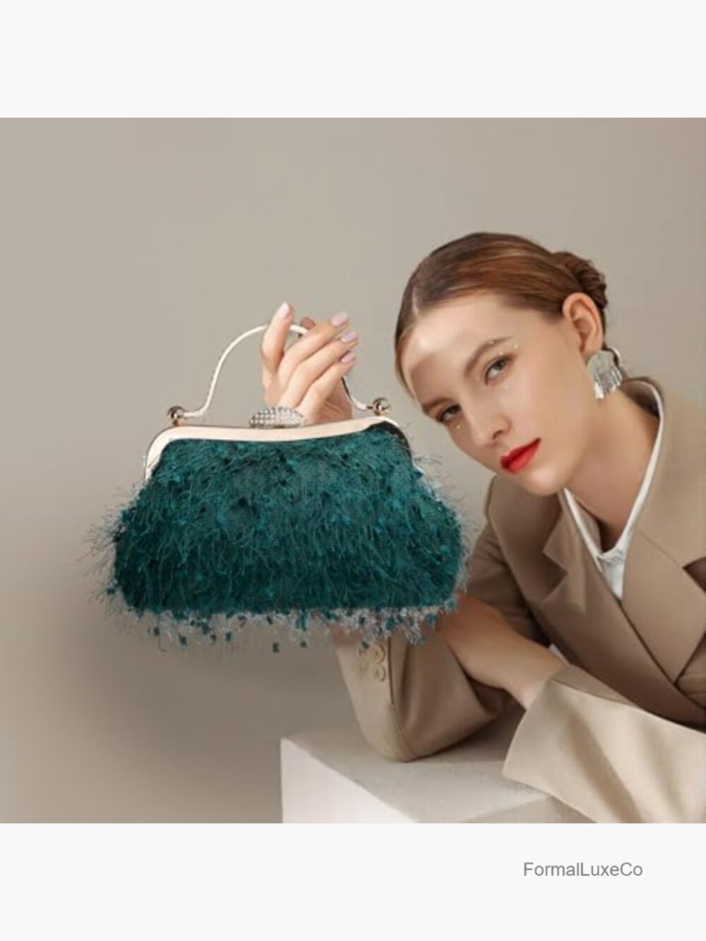 Fluffy Feather Tassel Evening Clutch Purse with Chain Strap - Picture 2 of 7